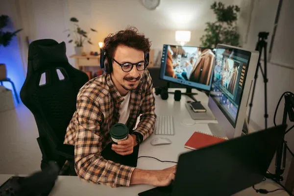 Young man editing video at the home office